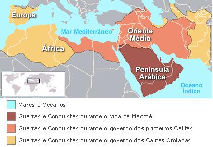 A expansão do islamismo: Califas (sucessores de Maomé) iniciaram a expansão