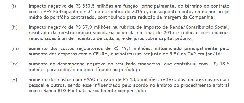 Como podemos notar no quadro resumido de Demonstrações Financeiras acima, vemos como a empresa foi fortemente impactada com o fim do contrato com a Eletropaulo, reduzindo seu EBITDA em mais de 40% e