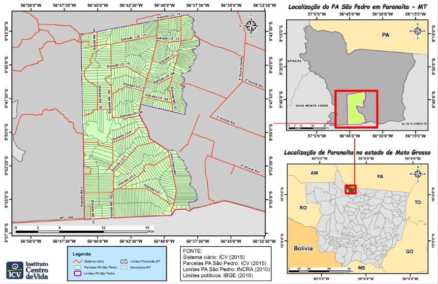 Figura 1. Localização do Projeto de Assentamento São Pedro (Fonte: ICV 2016). O PA foi criado em 1998, quando foi ocupada e desapropriada uma área da Fazenda Mogno.