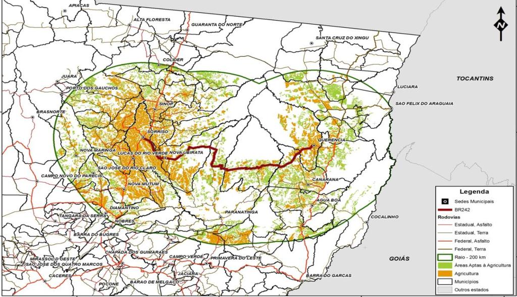 AGRICULTURA Raio (Distância) Área (ha) Soja (T) Milho (T) 200 km 4.790.000 14.225.00 11.410.000 Figura 3 Área futura da produção agrícola.