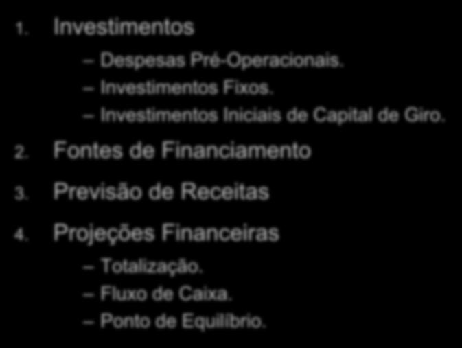 1. Investimentos Despesas Pré-Operacionais. Investimentos Fixos. Investimentos Iniciais de Capital de Giro. 2.
