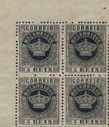 1876 Emissão Tipo Coroa Primeira emissão de selos para Moçambique.