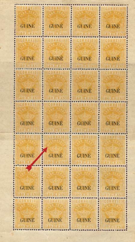 1881/85 Emissão Tipo Coroa novas cores Folha de 28 selos da emissão da Guiné (1885), onde o 18