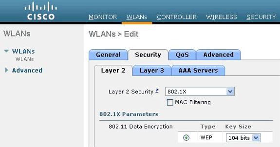 5. com 802.1x. Escolha 40 bit ou 104 bit para a criptografia, e certifique-se que Segurança da camada 3 está ajustada a nenhuns.isto permite a autenticação do 802.1x para este WLAN.