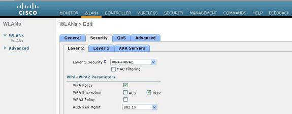 WLAN. Clique a ABA de segurança, clique a aba da camada 2, e escolha WPA1+WPA2 da lista de drop-down da Segurança da camada 2.