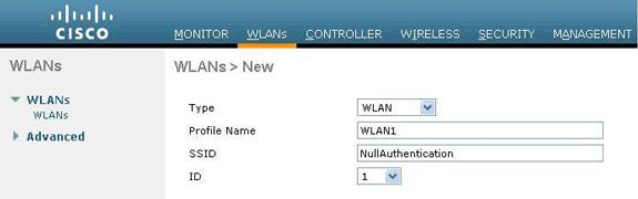 Configurar o WLC para nenhuma autenticação Termine estas etapas a fim configurar o WLC para esta instalação: 1. Clique WLAN do controlador GUI a fim criar um WLAN.A janela WLANs aparece.