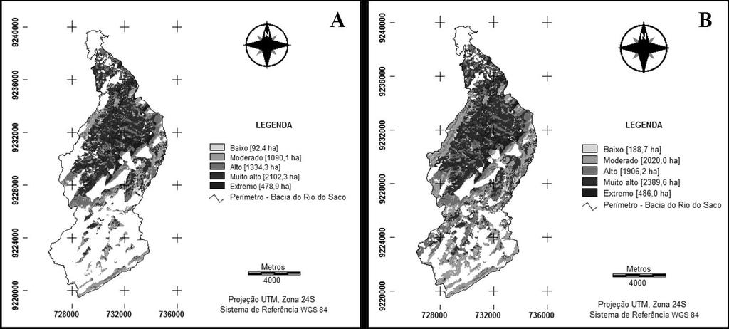 Figura 4. Áreas de perigo potencial de incêndios visualizadas com a implantação das torres T1 (A) e T1 + T5 (B) na microbacia do rio do Saco, município de Santa Luzia, PB. Figure 4.