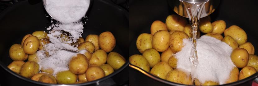 Em uma panela, adicione as batatas, a água