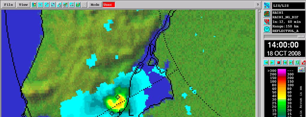Figura 9c - Ampliação para a zona de Lisboa da imagem radar de precipitação acumulada na hora anterior (mm), entre as 13h00 UTC e as 14h00 UTC,