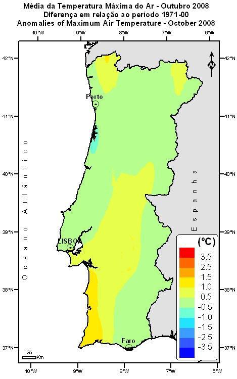 0 C em Penhas Douradas e 25.0 C em Portel; os desvios em relação à normal variaram entre -1.1ºC em Aveiro e +1.