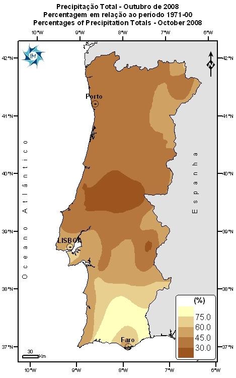 2. Precipitação Total A média regional da quantidade de precipitação em Portugal Continental foi inferior ao valor médio (1971-2000) para o mês, classificando-se Outubro como seco em quase todo o