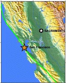 O terremoto de São Francisco, 1906 Epicentro em 37,75 N e 122,55 W Profundidade de 8