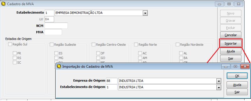 Já neste exemplo, o cadastro de MVA da empresa 88, estabelecimento 1, será importado para o estabelecimento 1 da Empresa Demonstração.