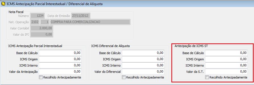 O valor deste campo será preenchido automaticamente, quando informados os itens da nota fiscal e utilizado o botão Calcular Bases. Ou ainda, podem ser informados manualmente.