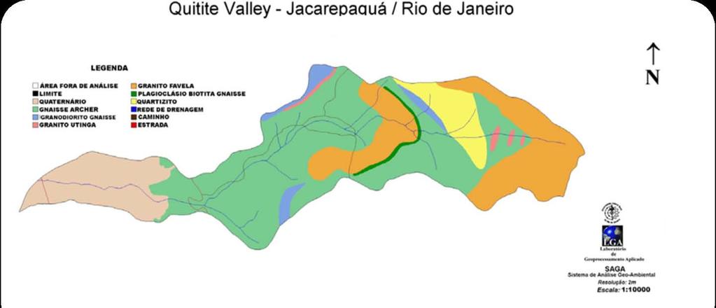 50 Figura 3.7 Mapa geológico da bacia do rio Quitite, onde podemos observar a predominância do Gnaisse Archer na área (em verde).