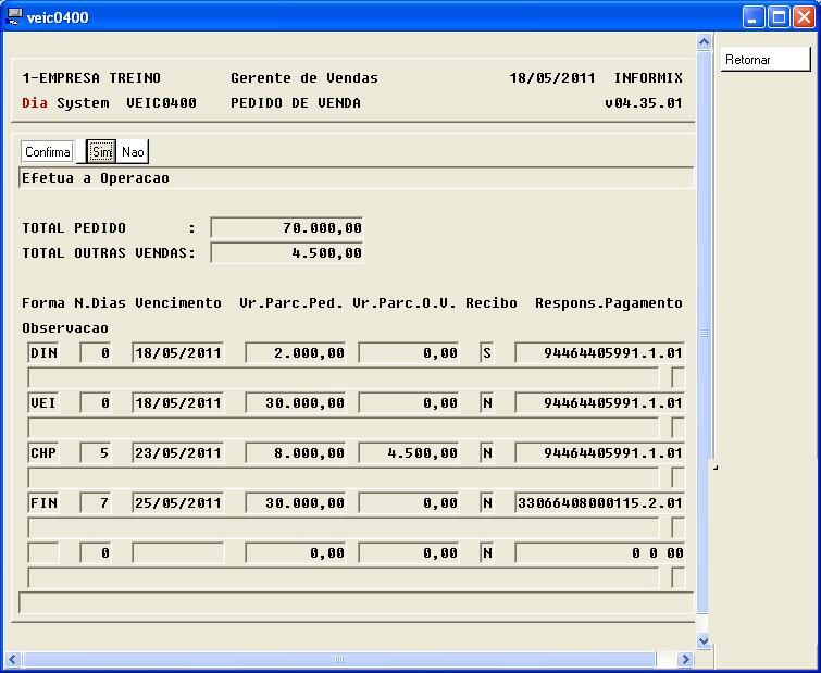 Assistente de Vendas Capitulo 14 A somatória dos valores de recebimento tem que bater com o Total do Pedido que é R$ 70.