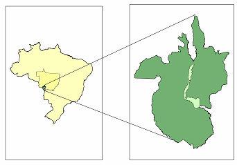 se em Mato Grosso do Sul e 189.55 km 2 em Mato Grosso, sendo que 64% desta área corresponde a planalto (entorno do Pantanal) e 34% à planície (Pantanal).