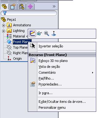 principais na árvore de features, um plano de referência ou uma face de um recurso previamente modelado o quadro abaixo aparece clique