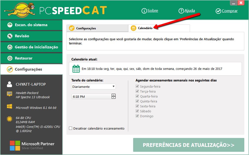 Depois, vamos dar uma olhada na aba de Calendário: Aqui você pode configurar o PC SpeedCAT para executar varreduras regulares, para que seu computador fique na melhor forma possível.