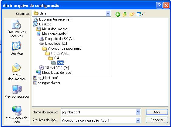 A janela da figura 19 será aberta. Selecione C:\Arquivos de programas\postgresql\8.4\data (ou local onde está instalado o postgres). Figura 19 Local de instalação do arquivo <pg_hba.conf>.