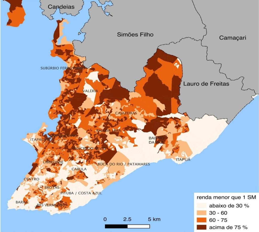 Mapa 5 Percentual dos domicílios com renda per capita inferior a um SM - Salvador, 2010 Fonte: IBGE, dados do Censo Demográfico de 2010 processados pelos autores. Elaboração dos autores.