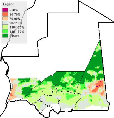 De acordo com o Africa RiskView, os valores do WRSI de fim-detemporada para as zonas agrícolas da Mauritânia mostram uma alta variabilidade em todo o país.