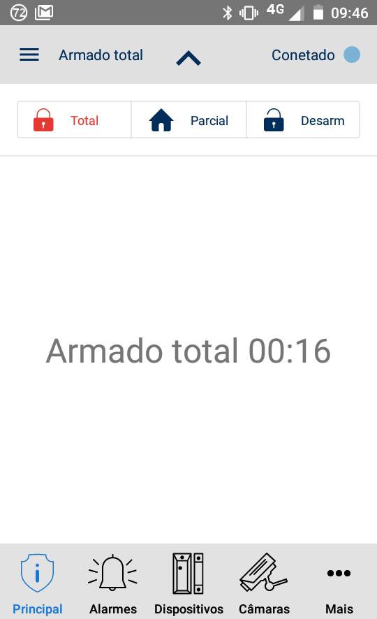 Ativação e Desativação Para ativar o sistema esxistem dois modos: Total e Parcial. Modo Total: é utilizado para ativar o painel com todos os sensores. Indicado para quando não fica ninguem no imóvel.