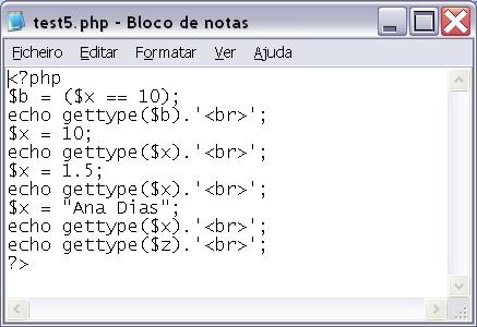 Exemplo de um script PHP em que se utilizam variáveis, e a