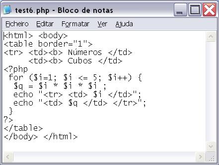 Exemplo de um script PHP em que se utiliza um ciclo for.