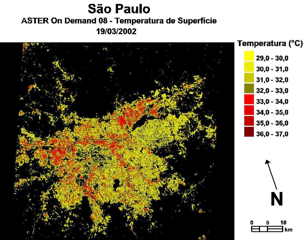 distribuição de temperatura do ar para a cidade por meio de isotermas.