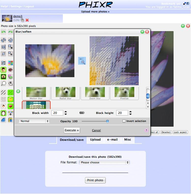 4. Depois do upload da imagem, para se obter o efeito da Figura 5, escolhemos menu Blur/Soften e aplicámos o efeito Glass tiles.