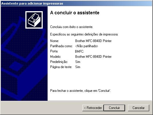 O Seleccione Sim e Seguinte para imprimir uma página de teste. Os controladores originais da Brother foram instalados e a instalação está concluída.