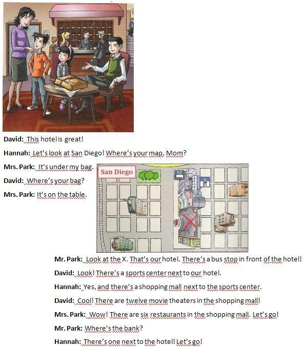 9- Read the text anda answer the questions. A) Where is the map? B) How many movie theaters are there? C) Where is the bus stop?