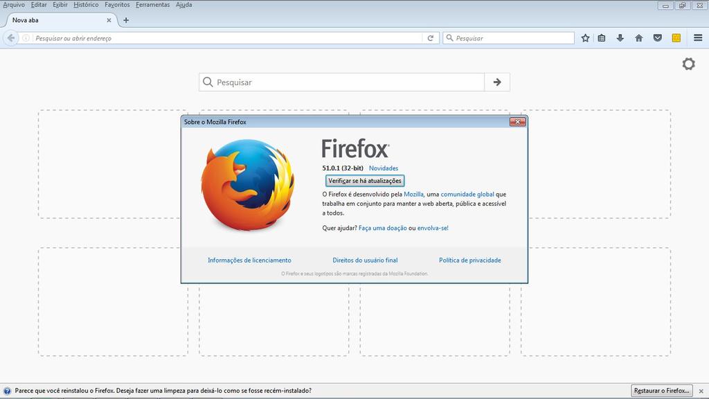Na barra de menus, siga para Ajuda > Sobre o Firefox : A janela contendo as informações sobre seu navegador, incluindo sua versão, será exibida: Caso o navegador não esteja entre as versões 17 a 51 -