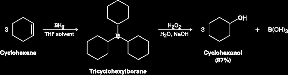 Hidroboração - oxidação de um alceno Obtenção de álcool Adição de H-BH 2 (do complexo BH 3 -THF) com três alcenos forma um trialquilborano