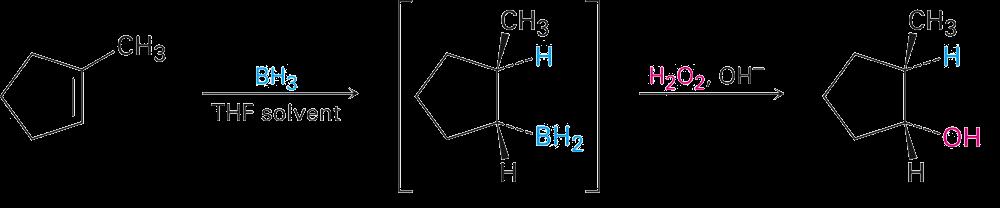 Orientação na hidratação através de Hidroboração Regioquímica é anti-markovnikov OH é adicionado ao carbono com a maioria dos H H e OH adiciona-se com estereoquímica