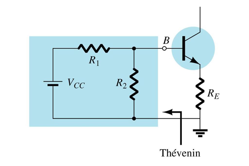 Polarização por Divisor de Tensão Pode-se utilizar o circuito equivalente de Thévenin para determinar a tensão de base e a resistência equivalente deste circuito, de acordo com a Figura abaixo.