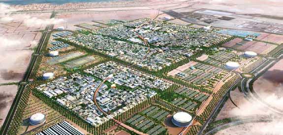Cidade de Masdar: o futuro ecológico dos Emirados Árabes Unidos (9,5gha) Primeira do mundo sem carros 100% de energia