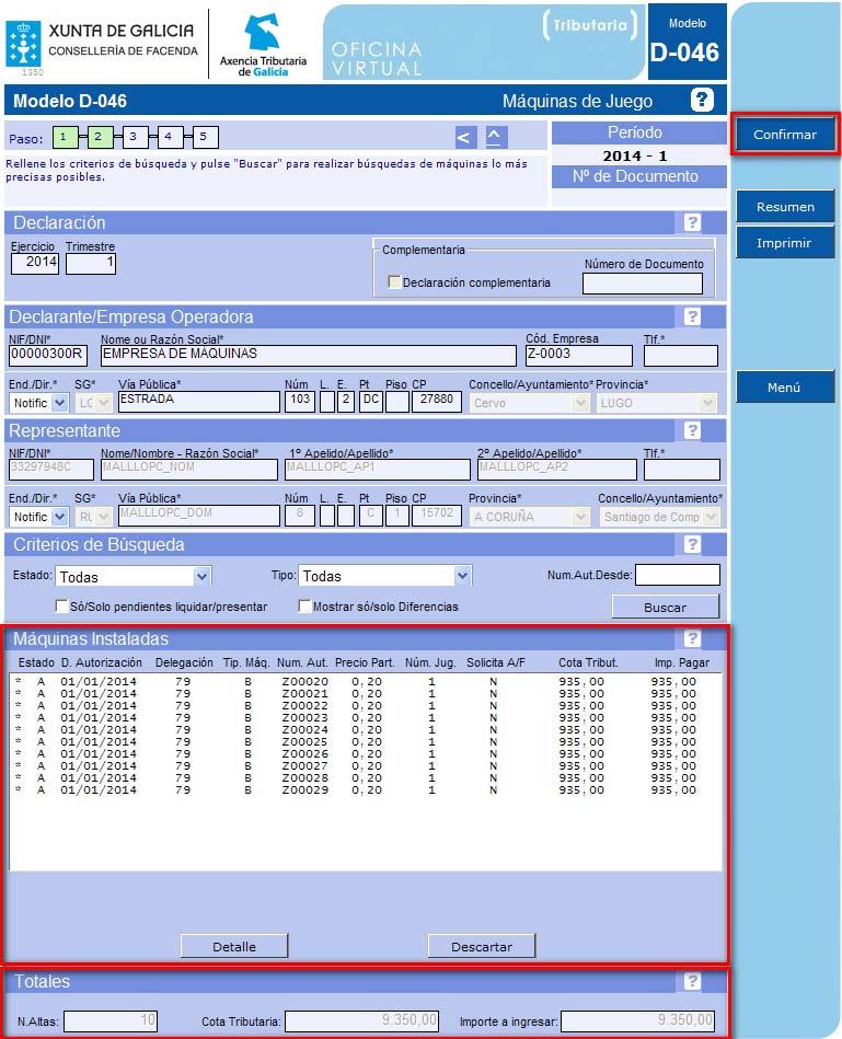 Confirmación do modelo D-046 Nesta pantalla poderá consultar o borrador do modelo D-046.