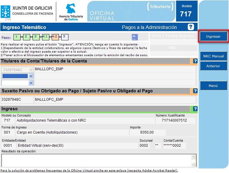 Cálculo da débeda tributaria e pagamento Revise de novo os datos do