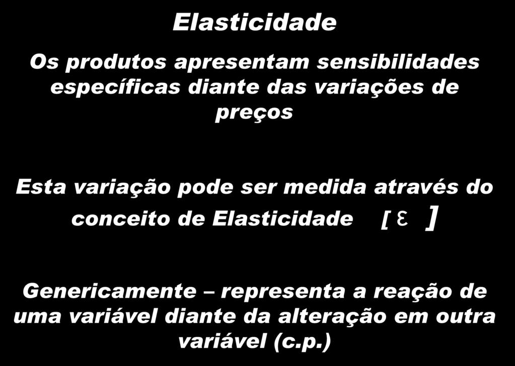 ELASTICIDADE CONCEITOS Elasticidade Os produtos apresentam sensibilidades específicas diante das variações de preços Esta variação pode ser