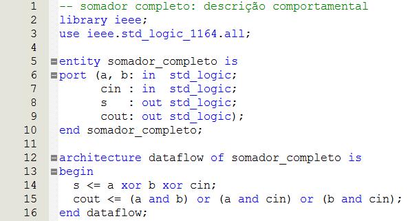 Após a realização de uma operação de adição com os sinais de entrada, a descrição atribui o bit mais significativo de soma a C4 (vai-um) e os outros bits em S (soma).