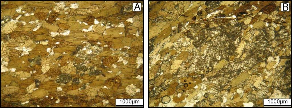 45 Foram observados anfibolitos com diopsídio. Tais rochas possuem cores mais escuras e pontuações brancas alinhadas que geram textura sal e pimenta orientada.