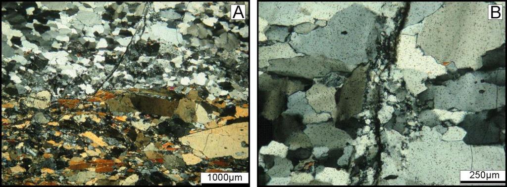 51 Figura 18 A) Contato do veio de quartzo recristalizado com a rocha (X). B) Micro fratura no veio de quartzo associada à recristalização de baixa temperatura (X). Amostras SSP4-73.