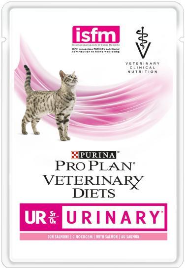 PURINA PROPLAN VETERINARY DIETS FELINE UR URINARY SALMON (HUMIDO) Proplan Feline UR Urinary Salmon é uma dieta veterinária completa para ajudar no maneio de gatos com FLUTD (doença do trato urinário