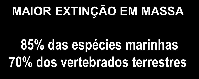 DERIVA CONTINENTAL MAIOR EXTINÇÃO EM MASSA 85% das espécies marinhas 70% dos