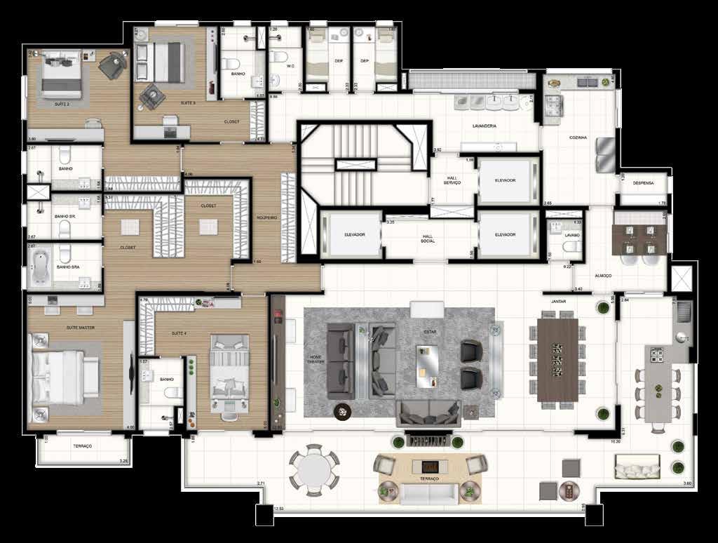 400 m 2-4 Suítes - 5 vagas demarcadas (1 box) - Living com 64 M 2 (independente do terraço); - Terraço Gourmet integrado à cozinha; - Pé-direito dos apartamentos com 3 metros de altura (piso-forro);