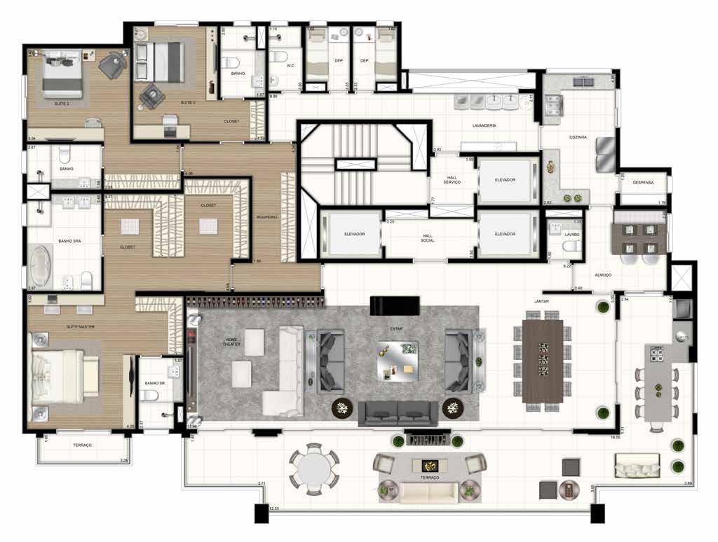 400 m 2-3 Suítes - (Living Ampliado) 5 vagas demarcadas (1 box) - Infraestrutura para Ar-condicionado na sala e nos quartos; - Previsão para aspiração central; - Previsão para desembasador de