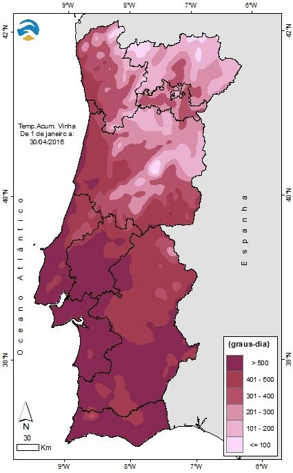 No Quadro III apresentam-se os valores da temperatura acumulada e o número de dias potencial do avanço e atraso das culturas no mês de abril de 2016, para algumas localidades do Continente, para