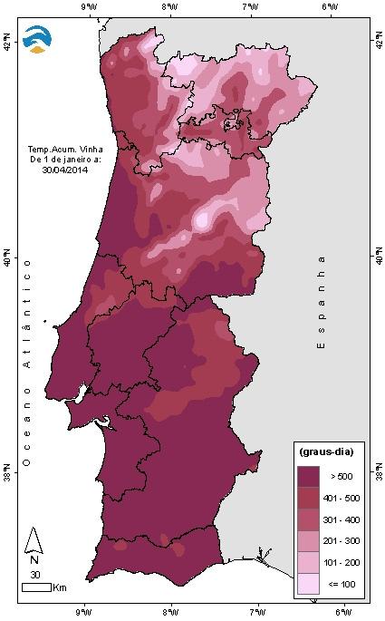 No Quadro II apresentam-se os valores da temperatura acumulada e o número de dias potencial do avanço e atraso das culturas no mês de abril de 2014, para algumas localidades do Continente, para